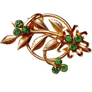 Mid Century Gold Tone Green Rhinestone Floral Brooch Prong Set 1950s Openwork